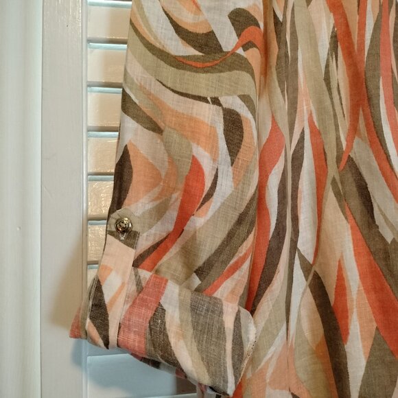 JM Collection Coral,tan and white linen shirt - Picture 4 of 5